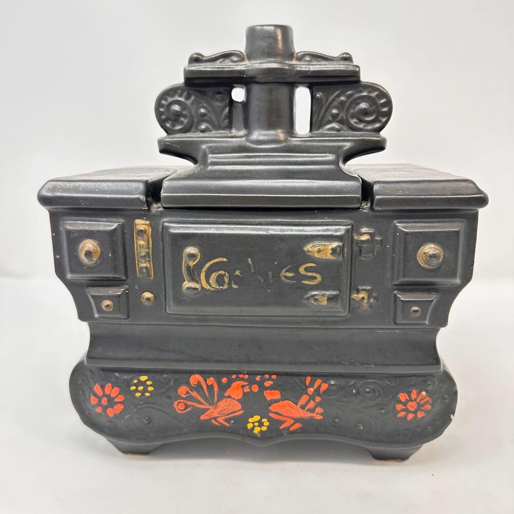 Vtg McCoy Pottery Black Cast Iron Cook Stove Cookie Jar Ceramic USA 1960s READ